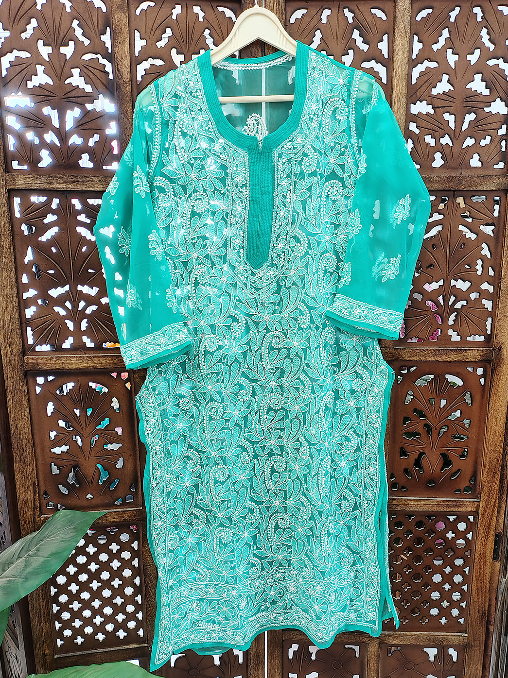 Sea Green Georgette Chikankari Straight Kurti