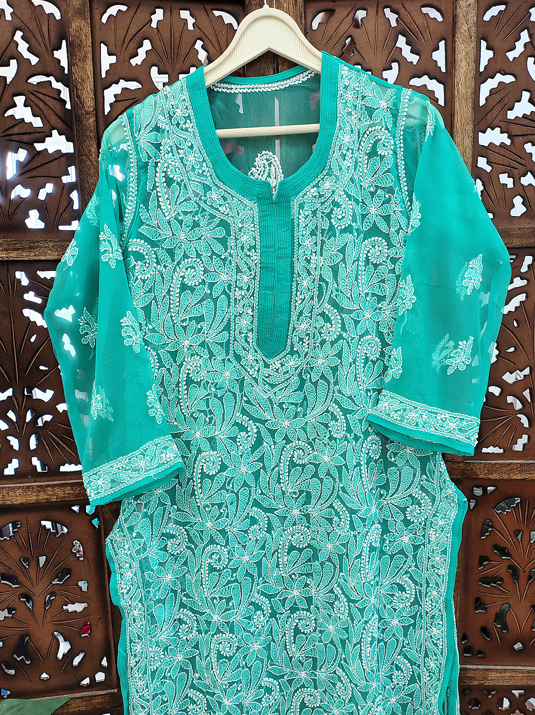 Sea Green Georgette Chikankari Straight Kurti