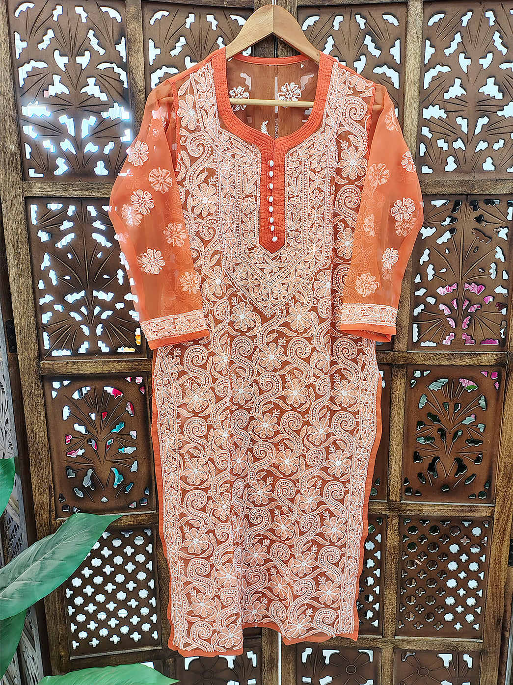 Orange Georgette Chikankari Straight Kurti