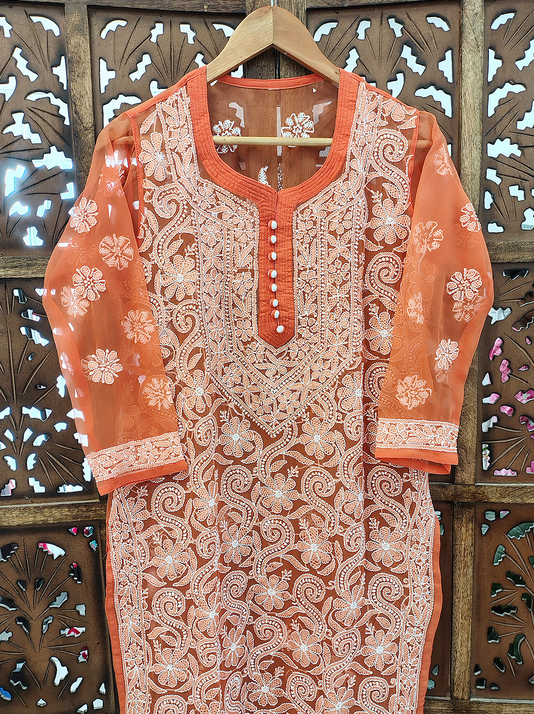 Orange Georgette Chikankari Straight Kurti