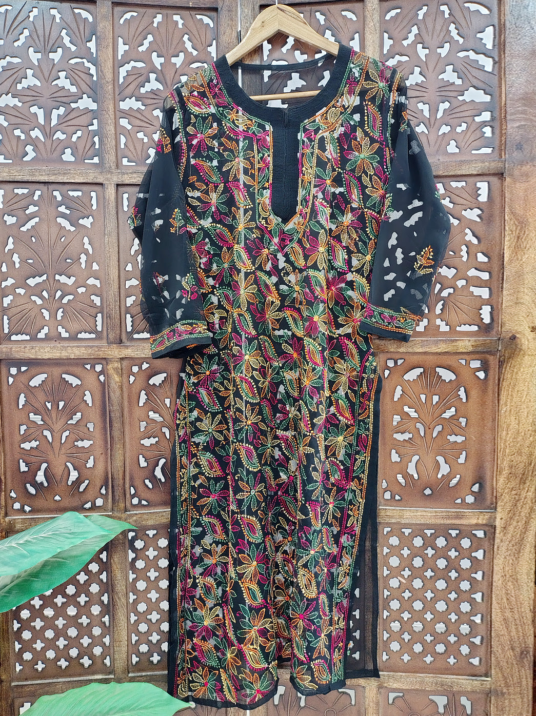 Black Multi Georgette Chikankari Straight Kurti