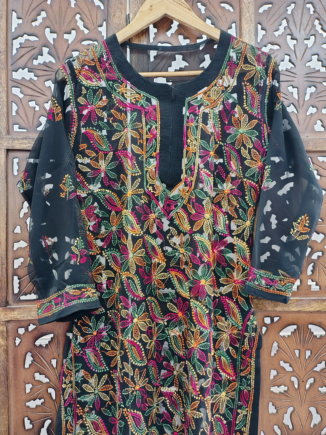 Black Multi Georgette Chikankari Straight Kurti