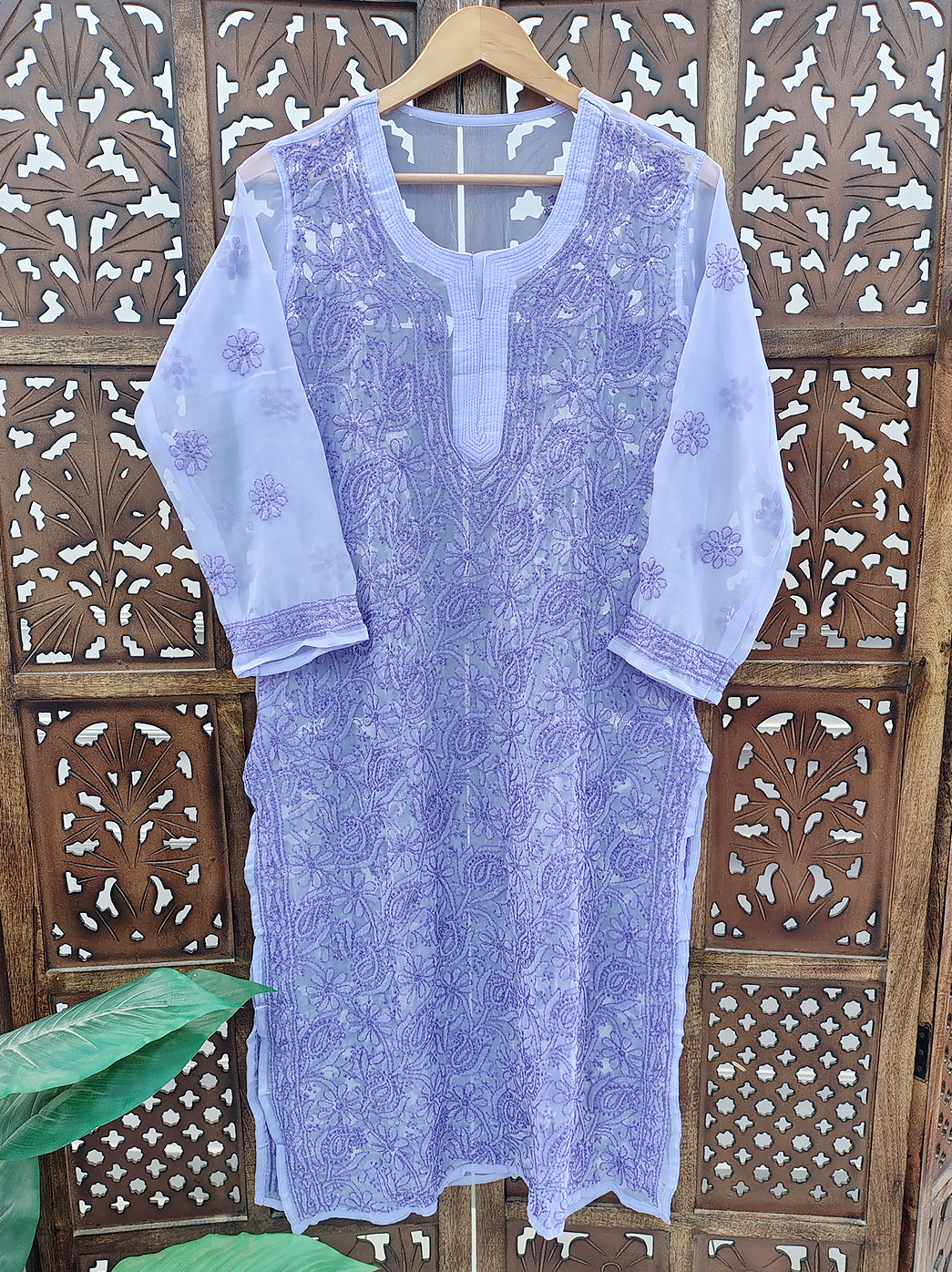 Lavender Georgette Chikankari Straight Kurti