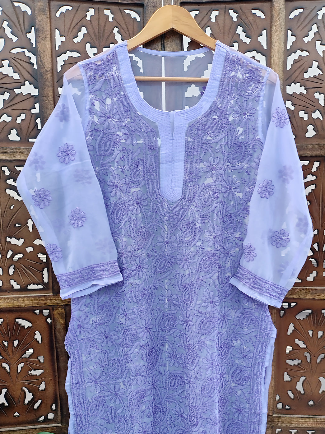 Lavender Georgette Chikankari Straight Kurti