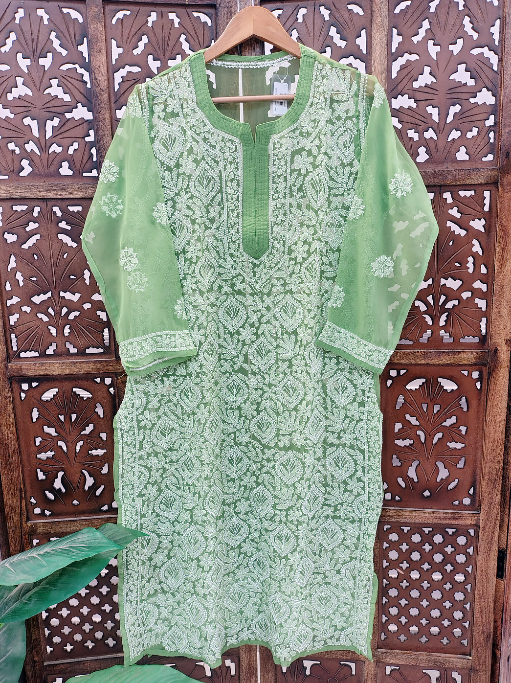 Green Georgette Chikankari Straight Kurti