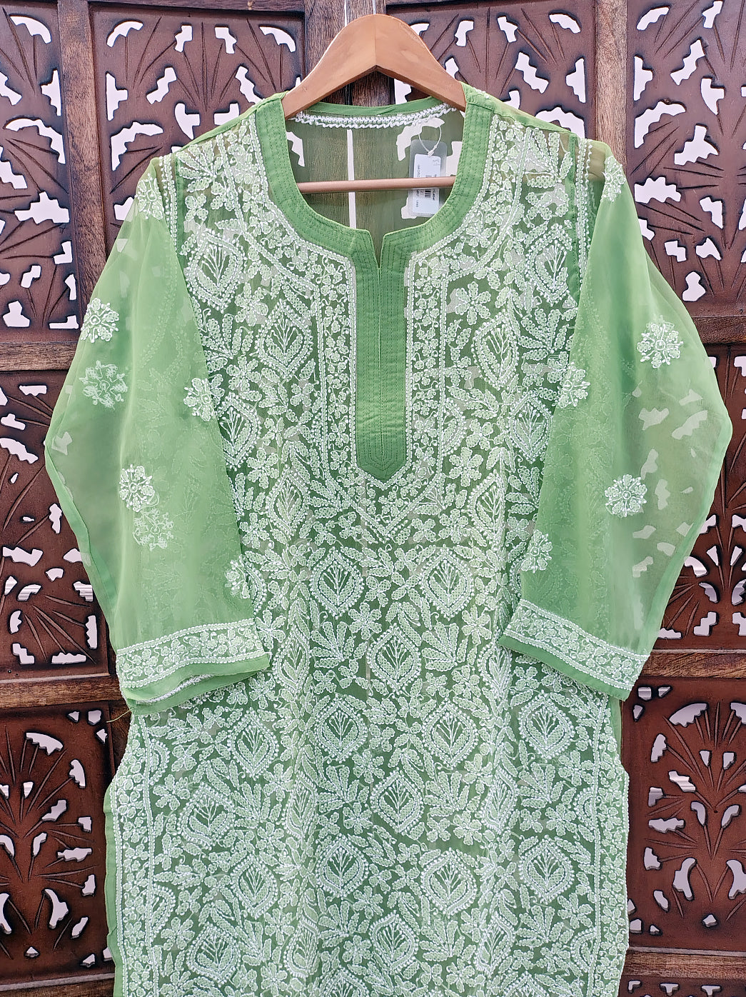 Green Georgette Chikankari Straight Kurti