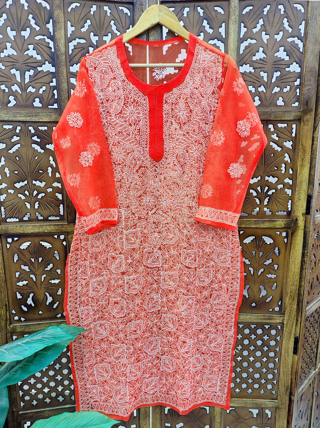 Orange Georgette Chikankari Straight Kurti