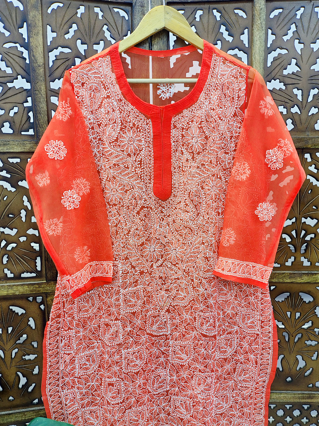 Orange Georgette Chikankari Straight Kurti