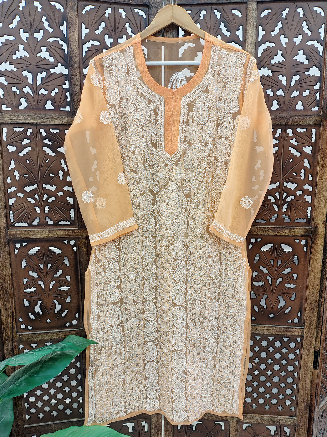 Peach Georgette Chikankari Straight Kurti