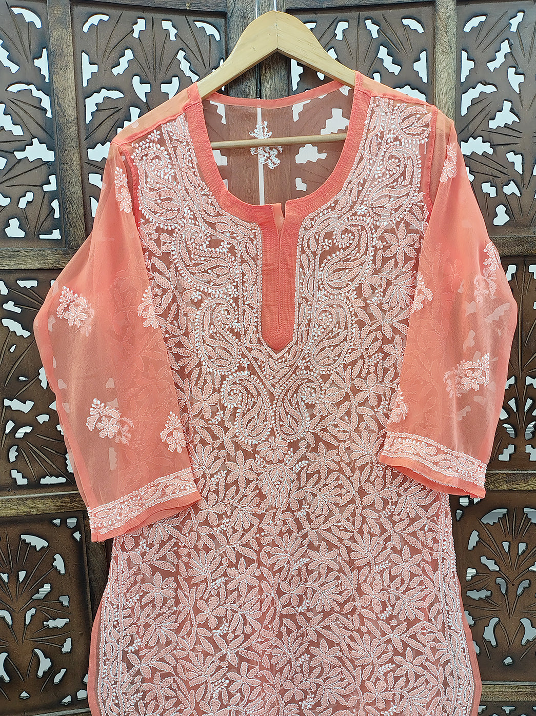 Peach Georgette Chikankari Straight Kurti