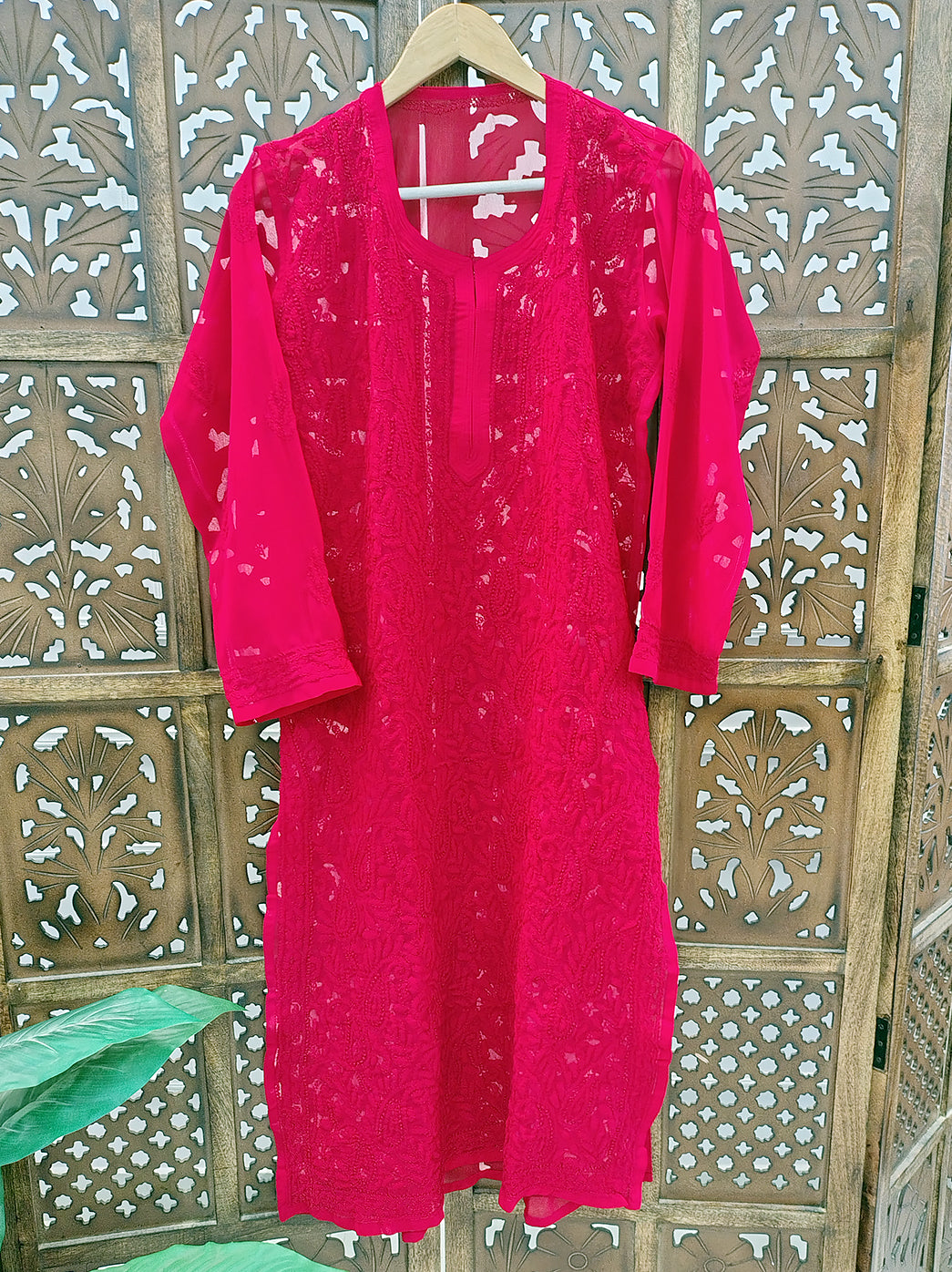 Red Georgette Chikankari Straight Kurti