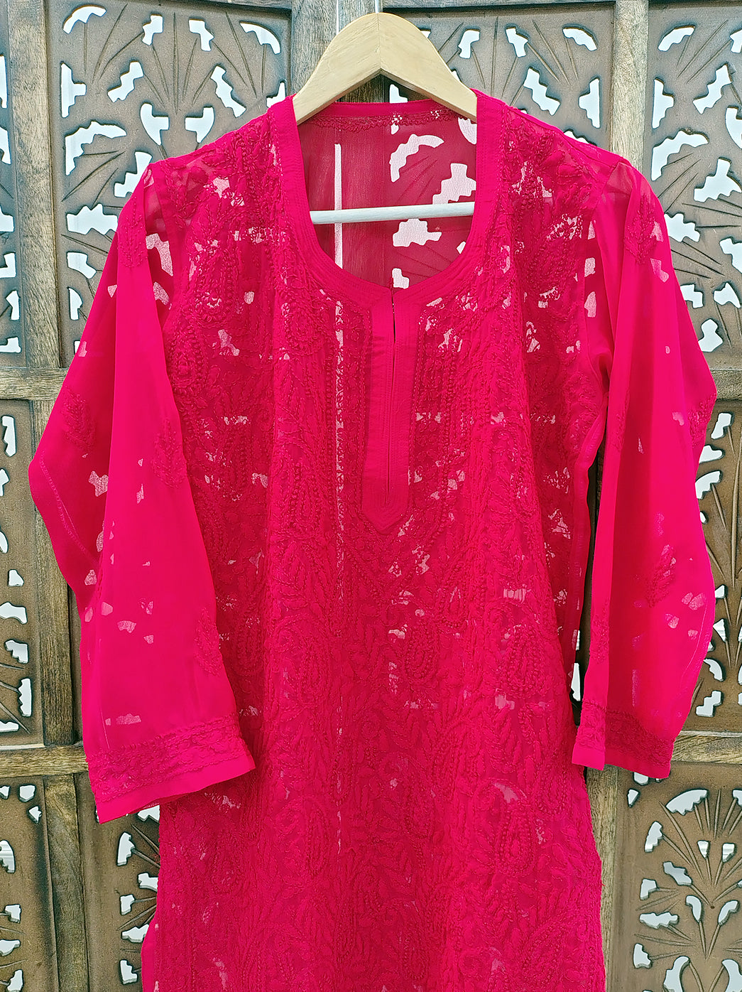 Red Georgette Chikankari Straight Kurti