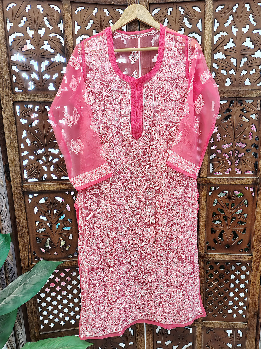Peach Georgette Chikankari Straight Kurti