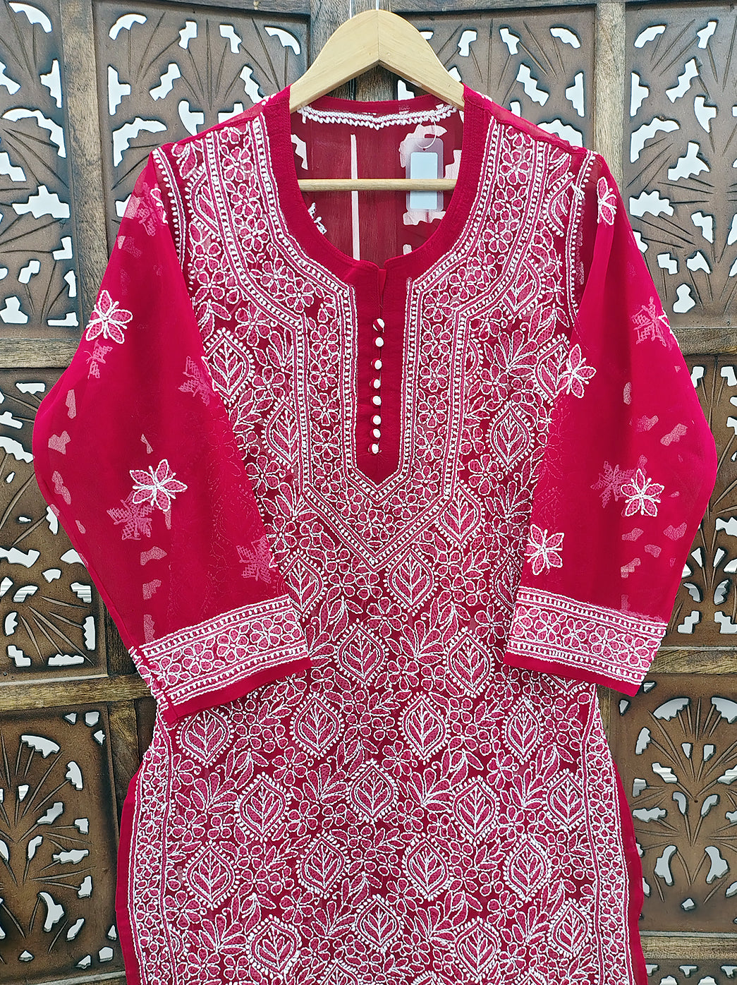 Red Georgette Chikankari Straight Kurti