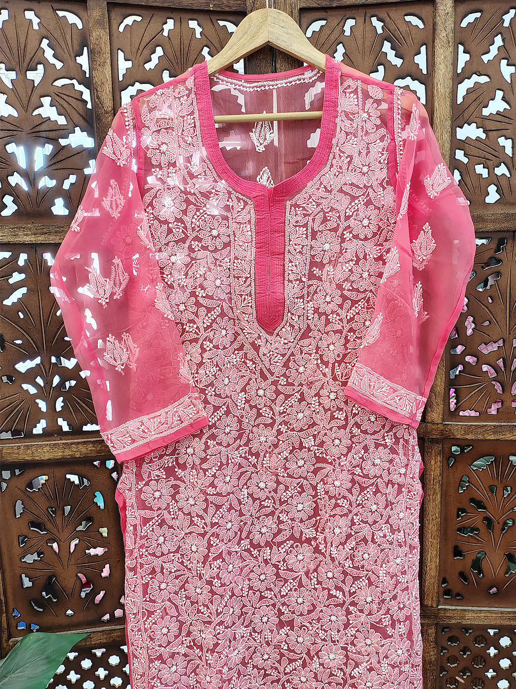 Peach Georgette Chikankari Straight Kurti