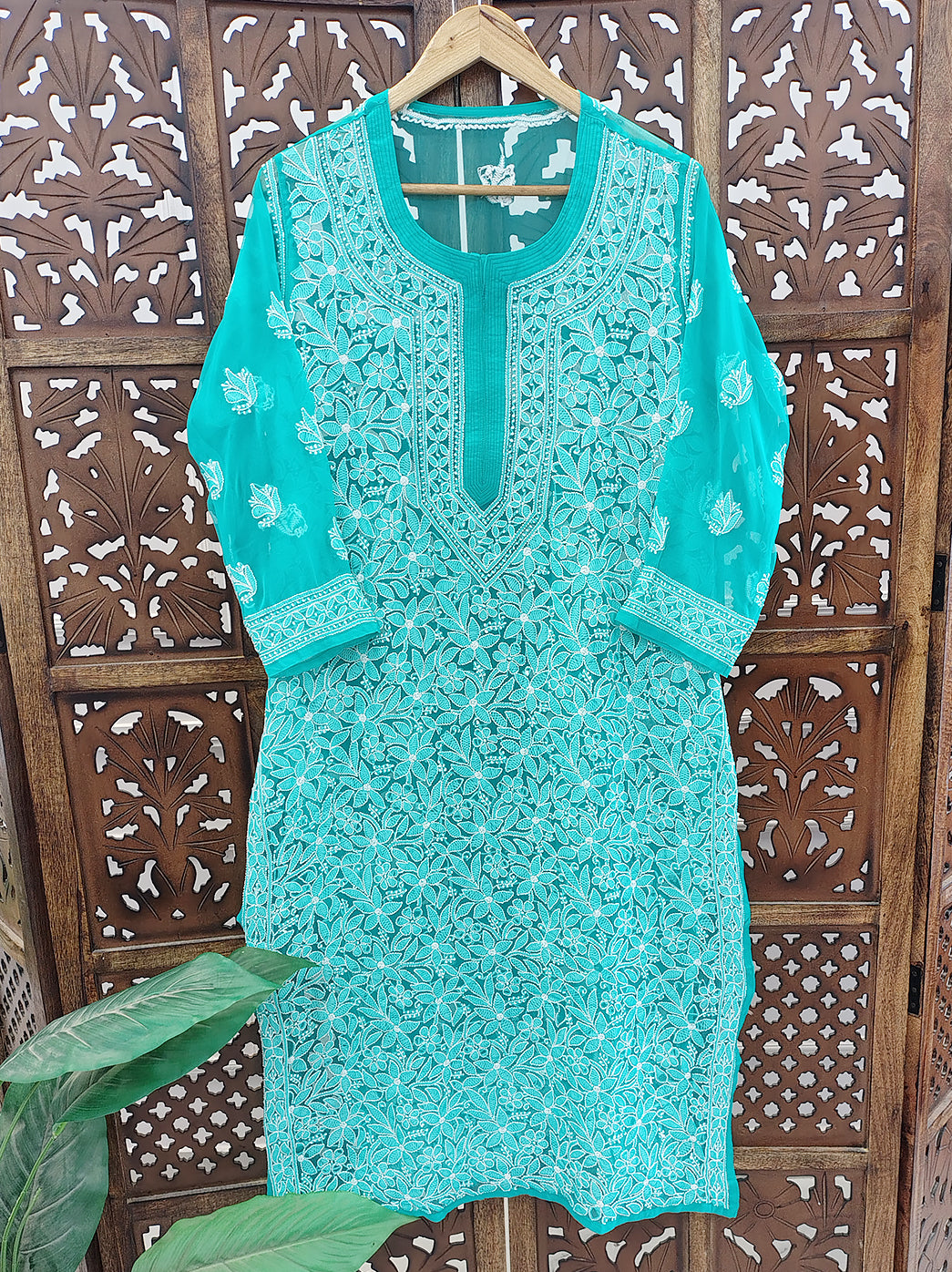 Sea Green Georgette Chikankari Straight Kurti