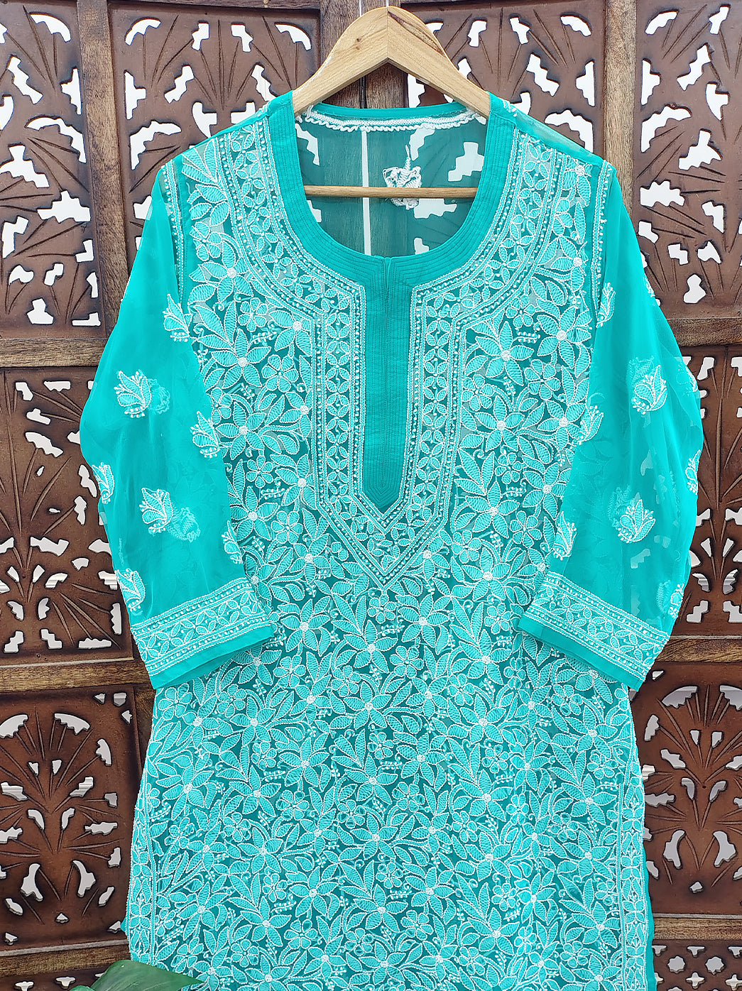 Sea Green Georgette Chikankari Straight Kurti