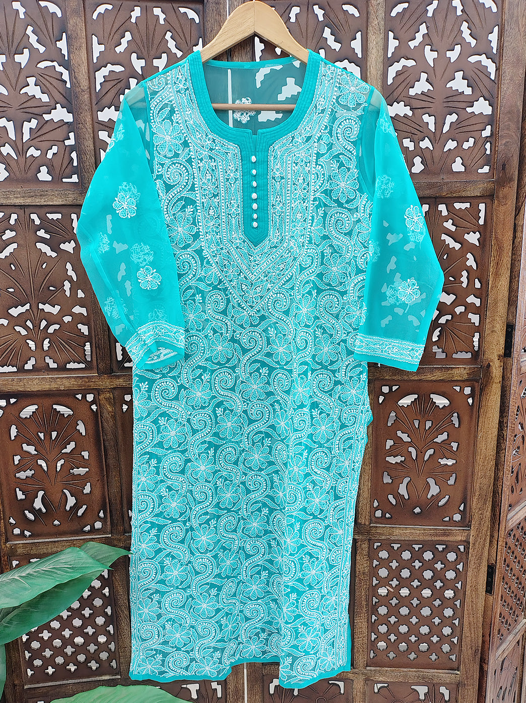 Sea Green Georgette Chikankari Straight Kurti