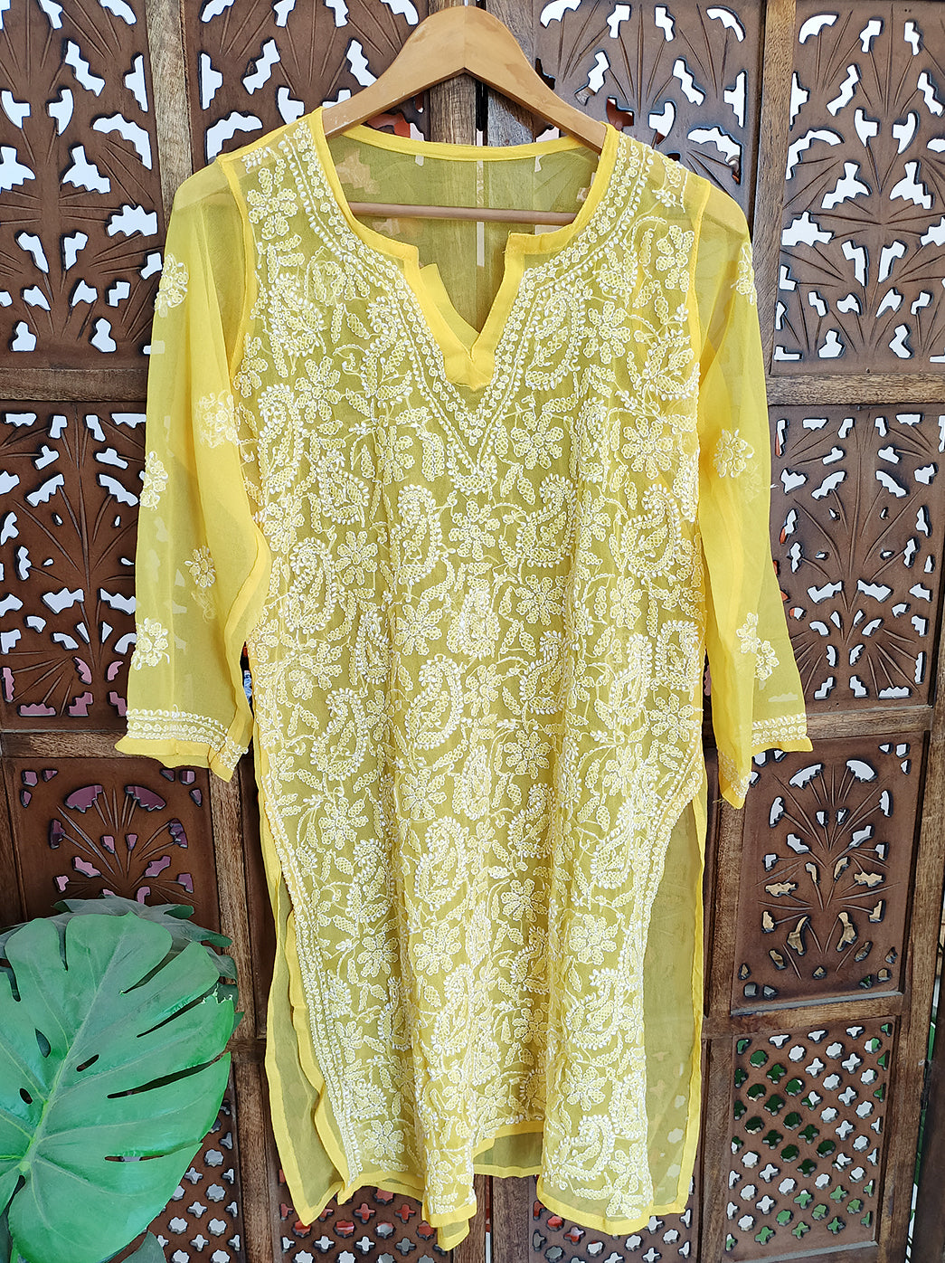 Yellow Georgette Chikankari Short Jaal Kurti