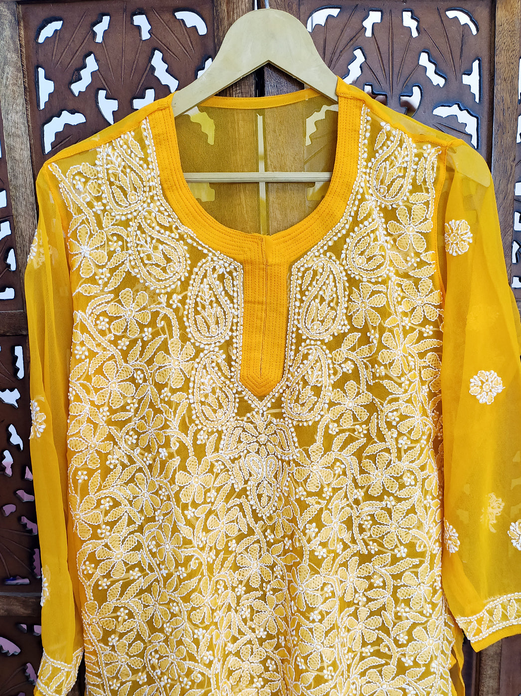 Yellow Georgette Chikankari Short Jaal Kurti