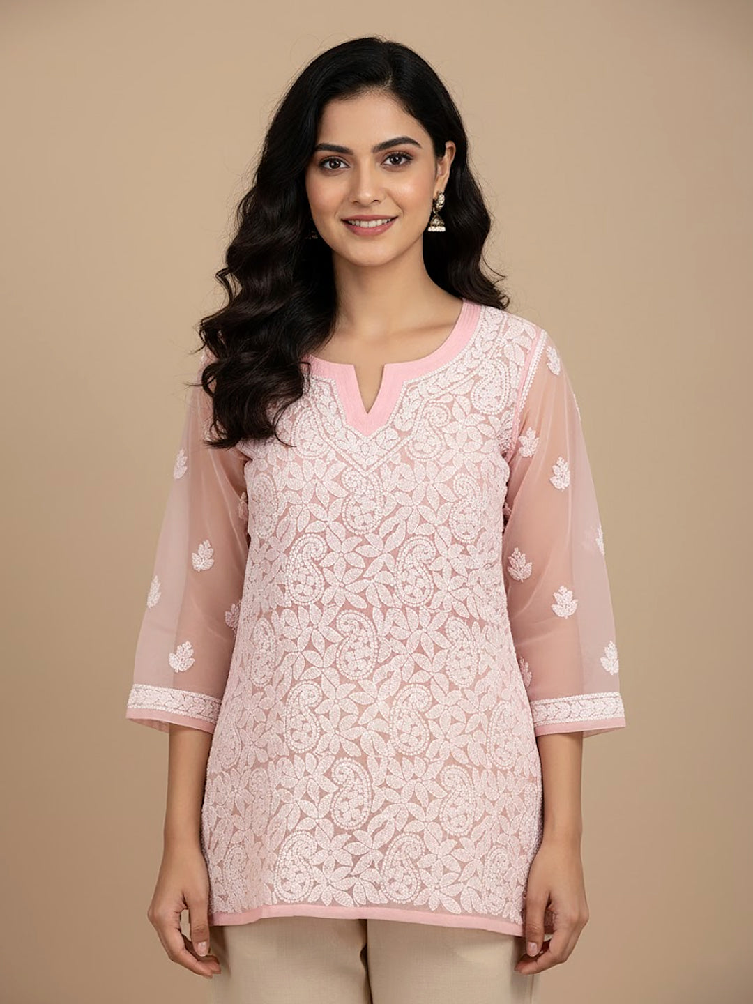 Peach Georgette Chikankari Short Jaal Kurti