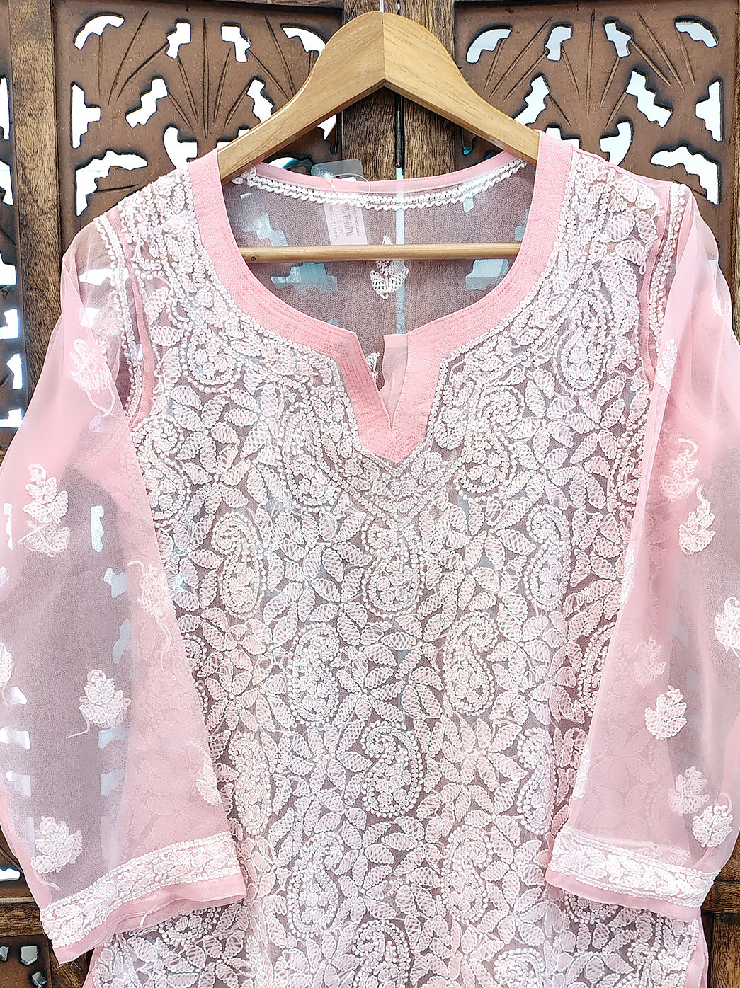 Peach Georgette Chikankari Short Jaal Kurti