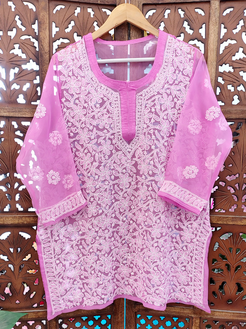 Pink Georgette Chikankari Short Jaal Kurti