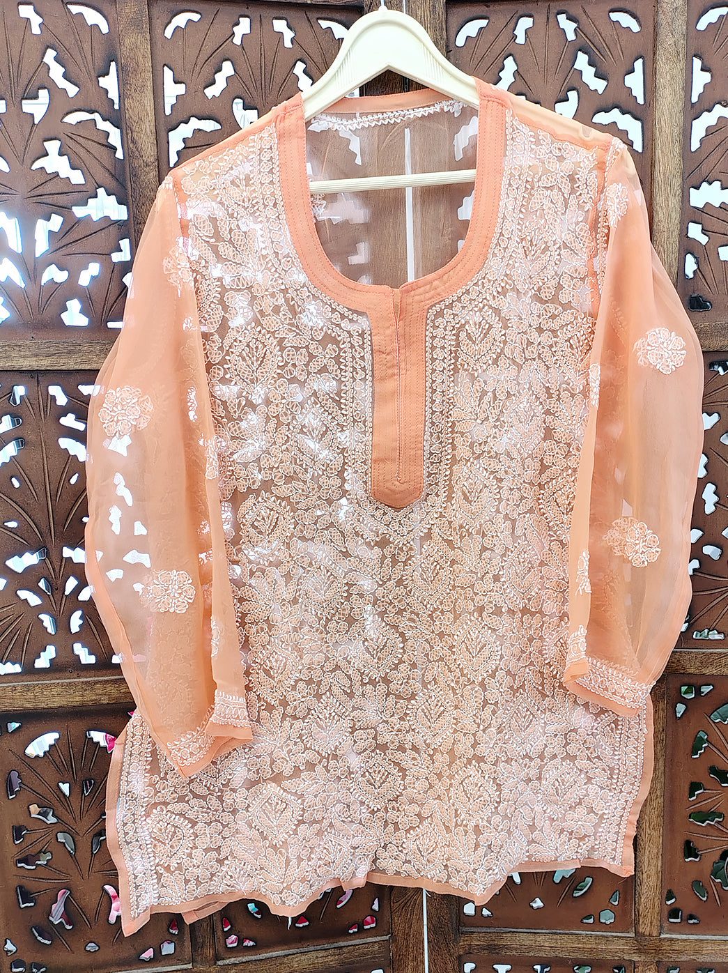 Peach Georgette Chikankari Short Jaal Kurti