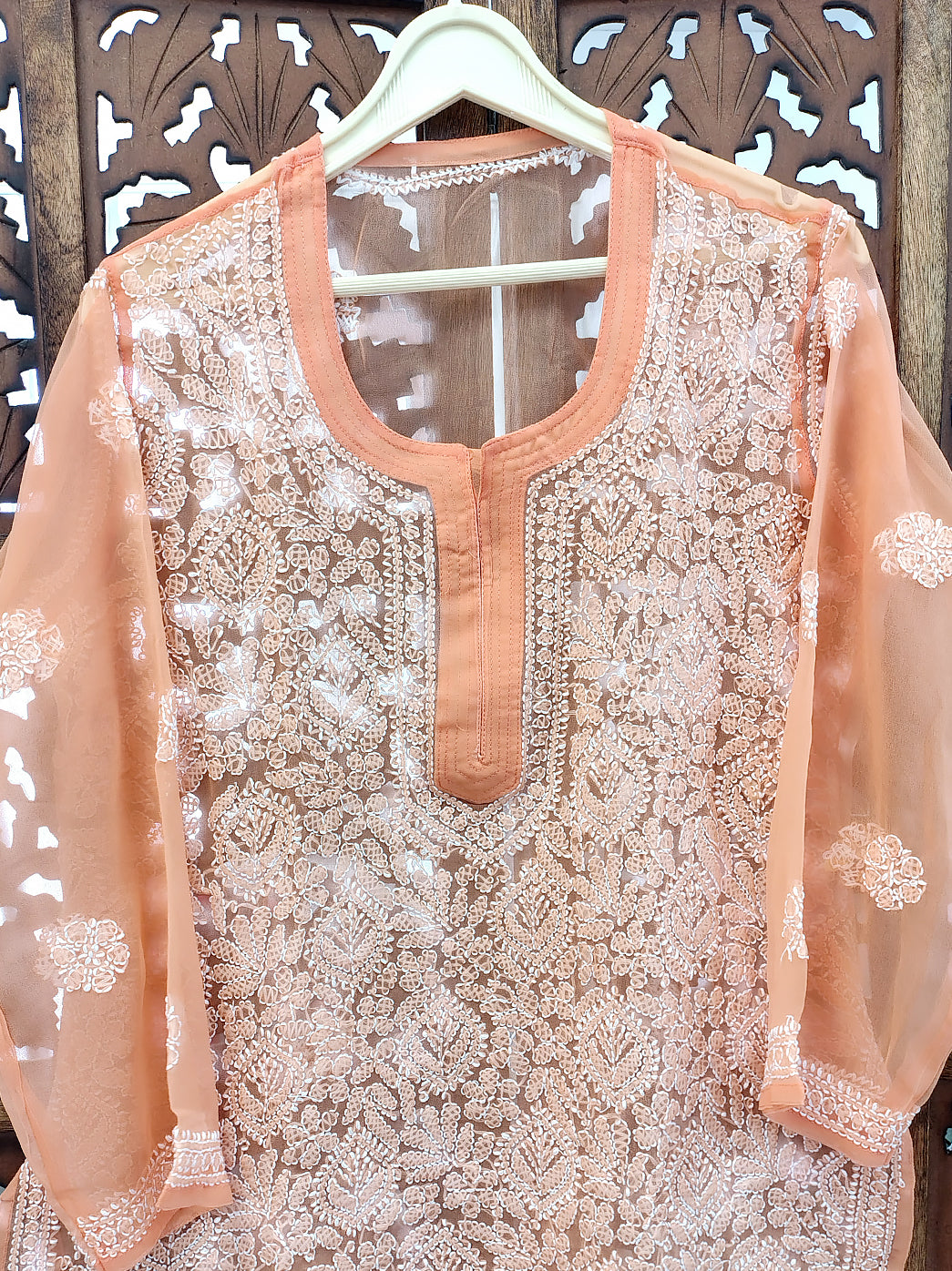 Peach Georgette Chikankari Short Jaal Kurti