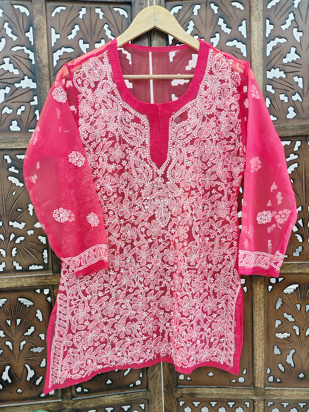 Pink Georgette Chikankari Short Jaal Kurti
