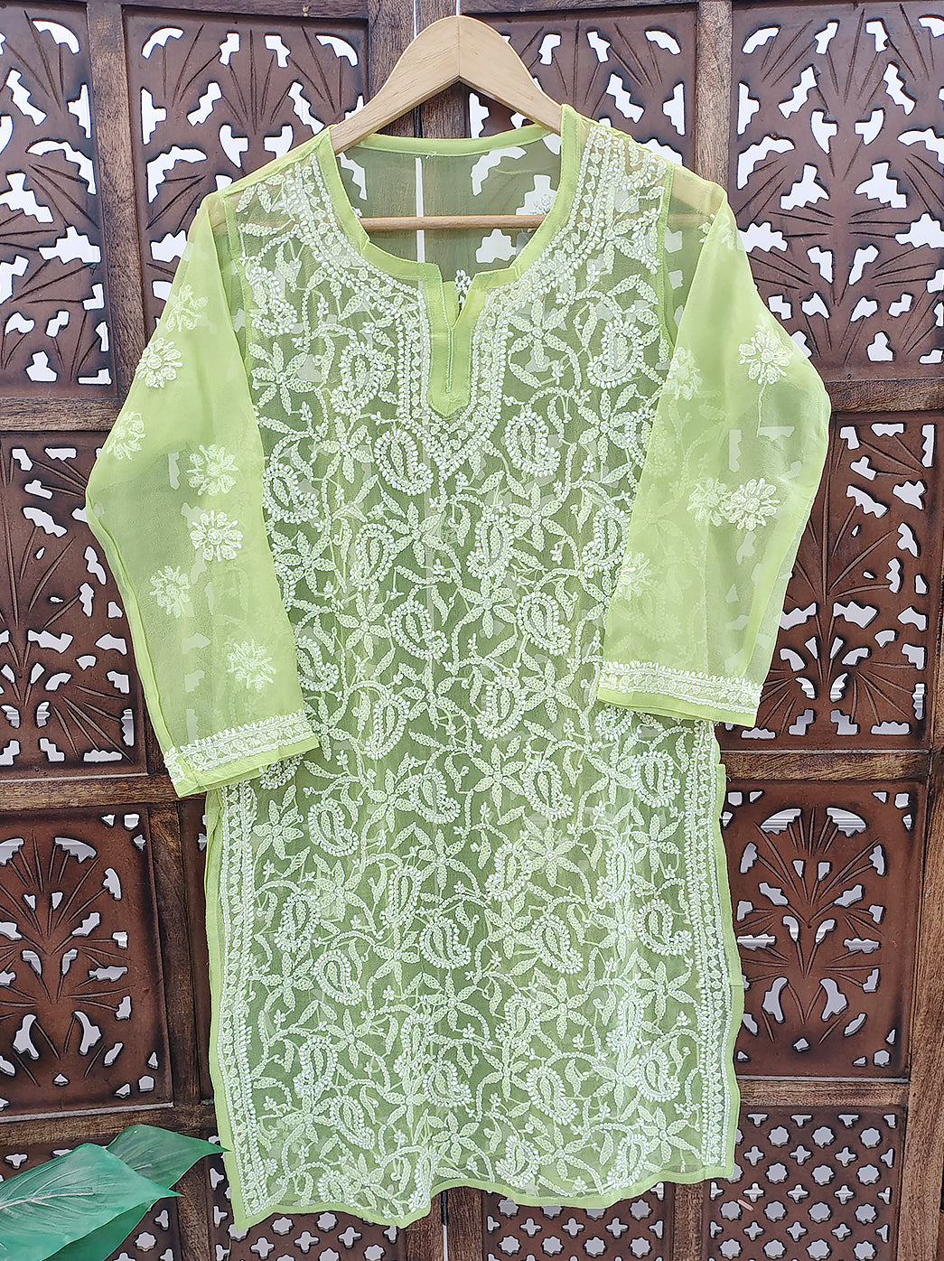Green Georgette Chikankari Short Jaal Kurti