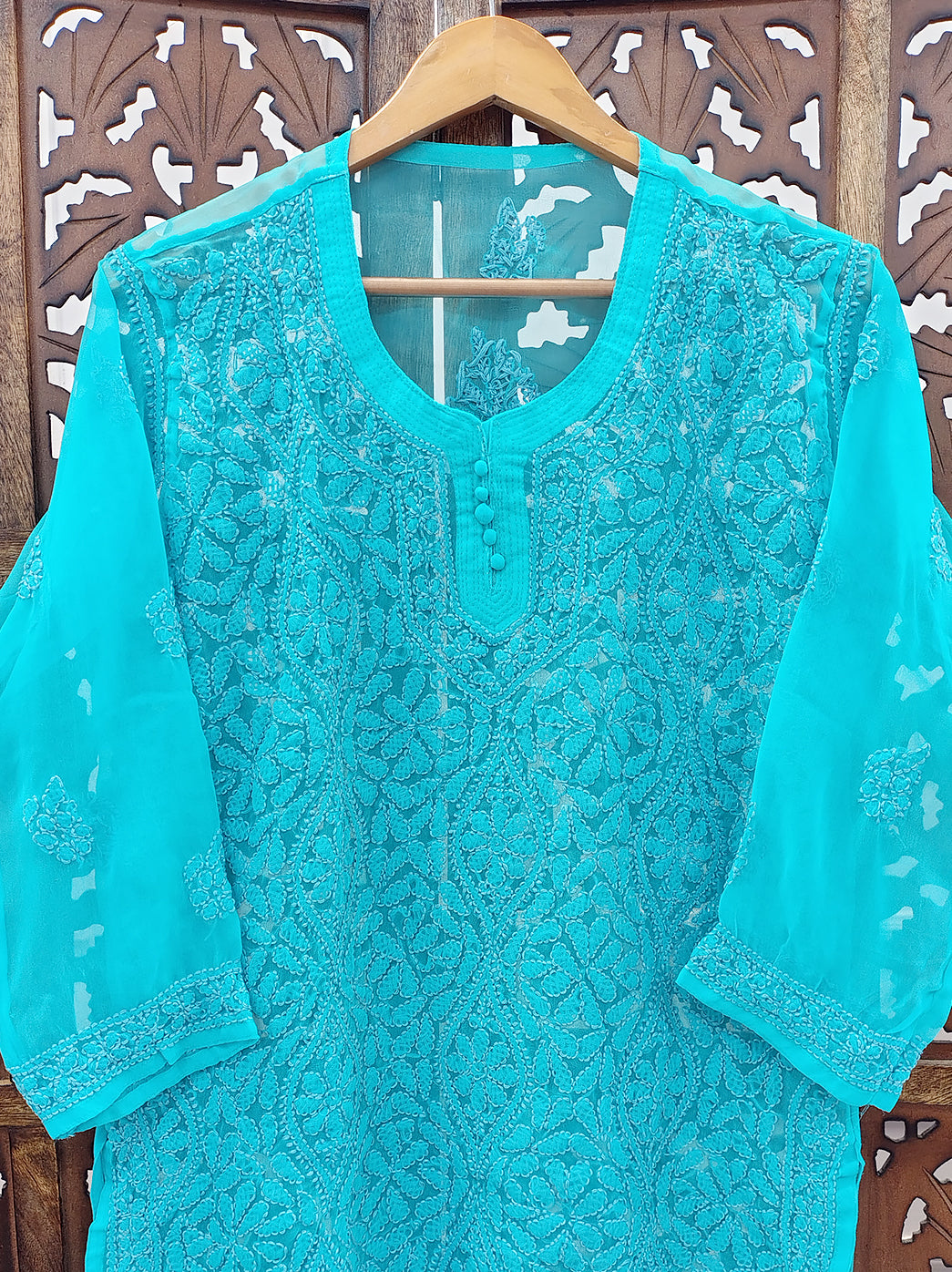 Blue Georgette Chikankari Short Jaal Kurti