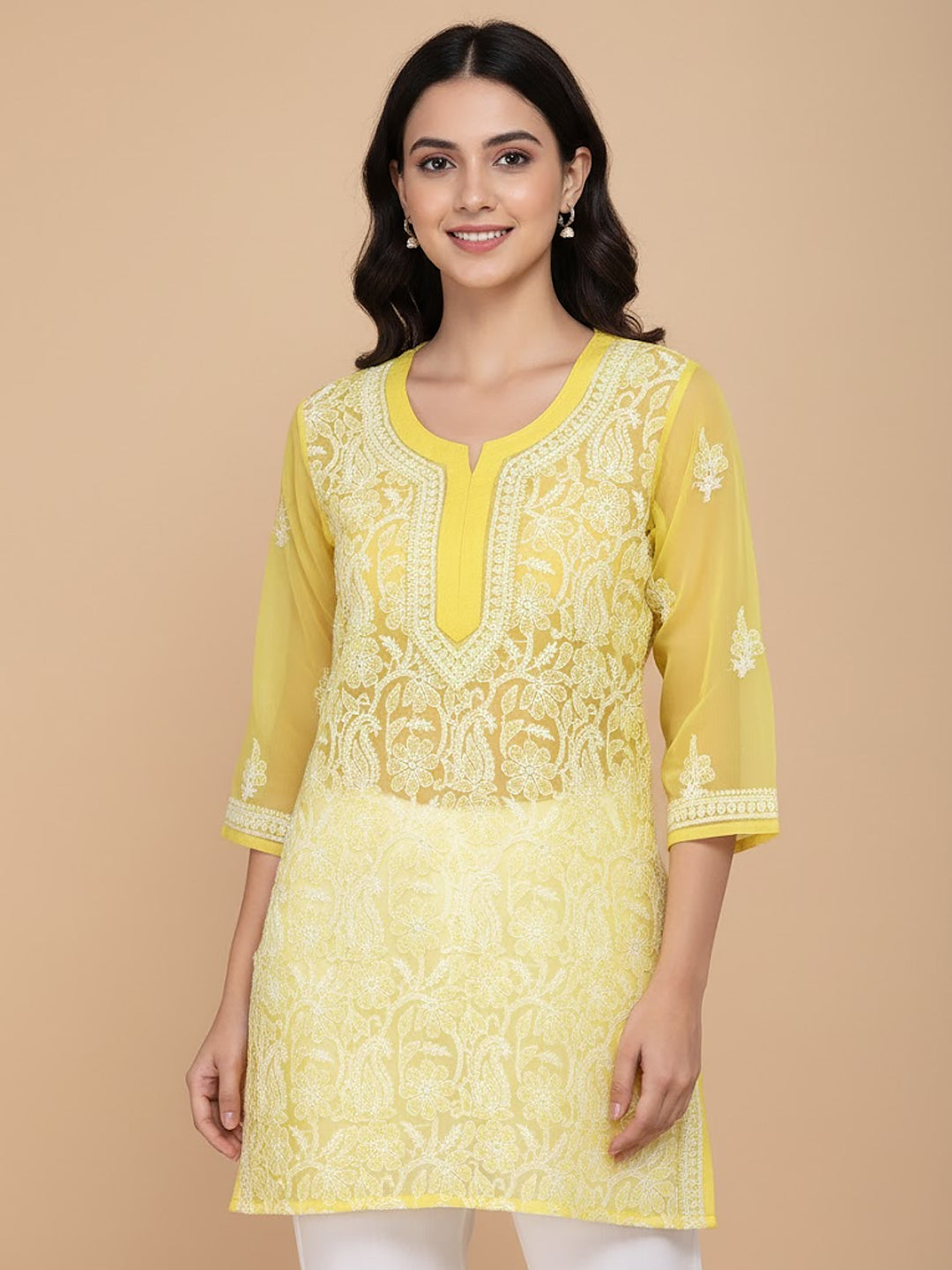 Yellow Georgette Chikankari Short Jaal Kurti