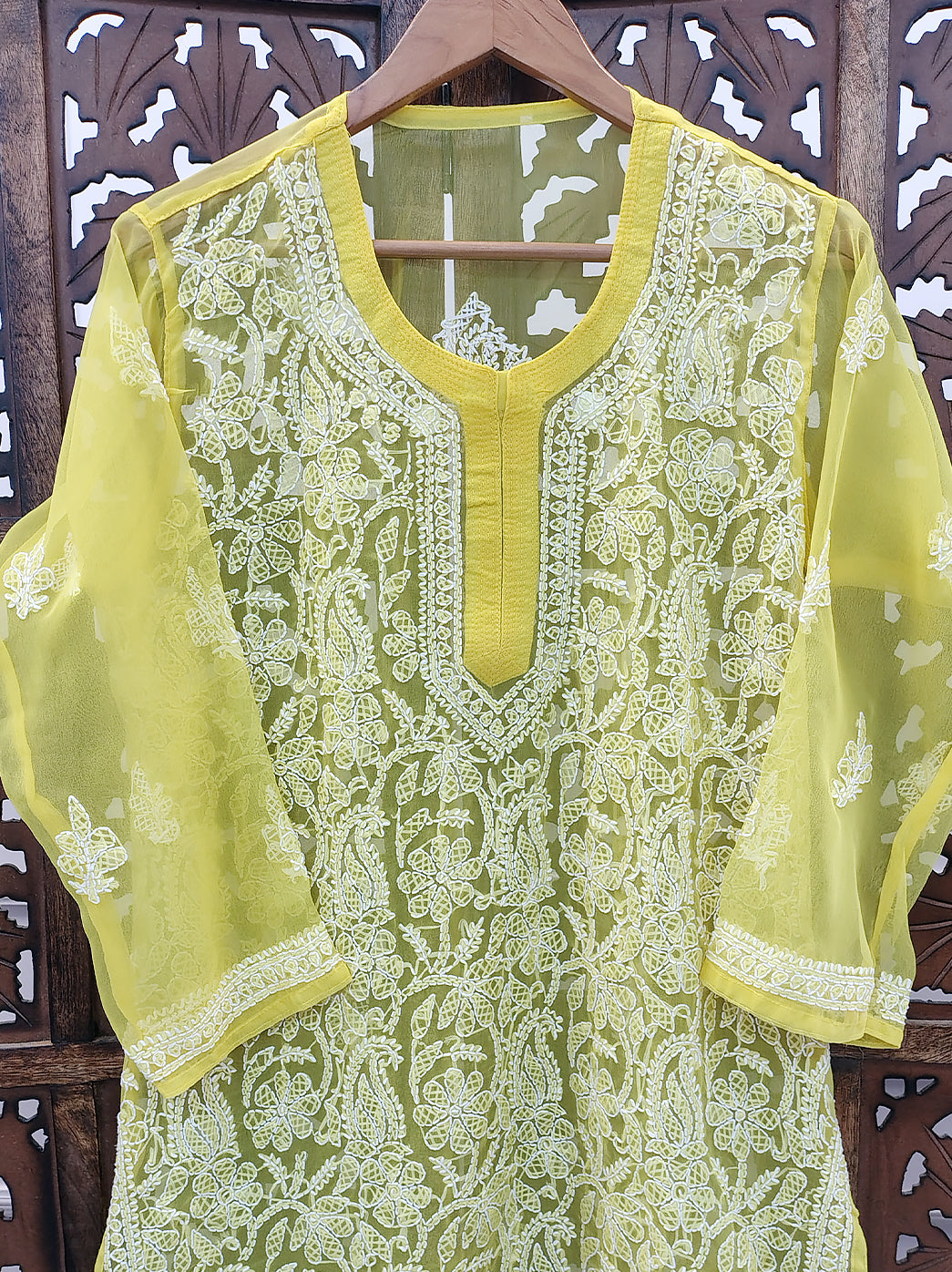 Yellow Georgette Chikankari Short Jaal Kurti