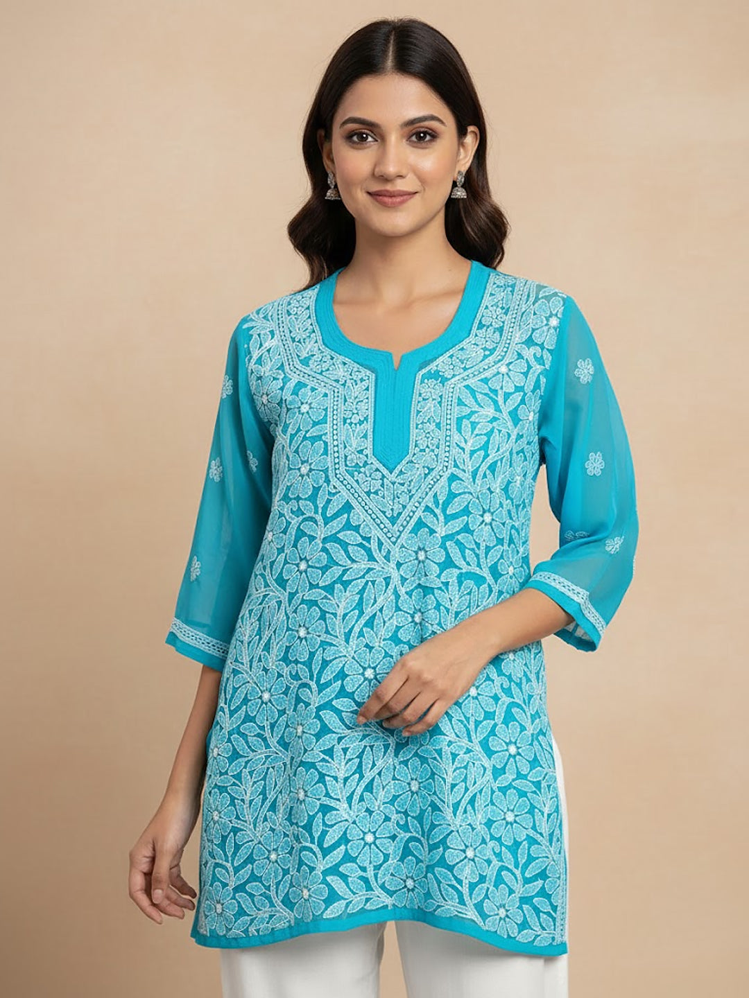 Sky Blue Georgette Chikankari Short Jaal Kurti