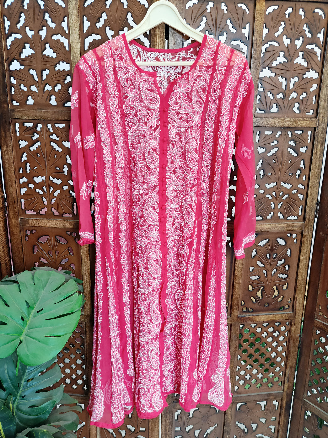 Dark Peach Georgette Chikankari Anarkali Kurti