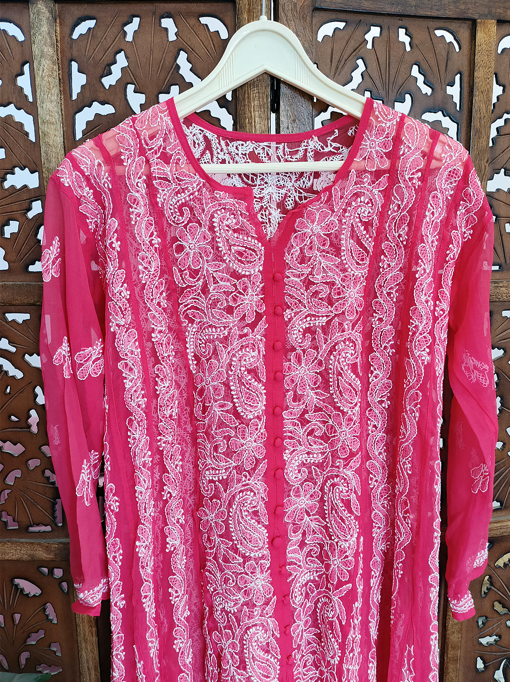 Dark Peach Georgette Chikankari Anarkali Kurti