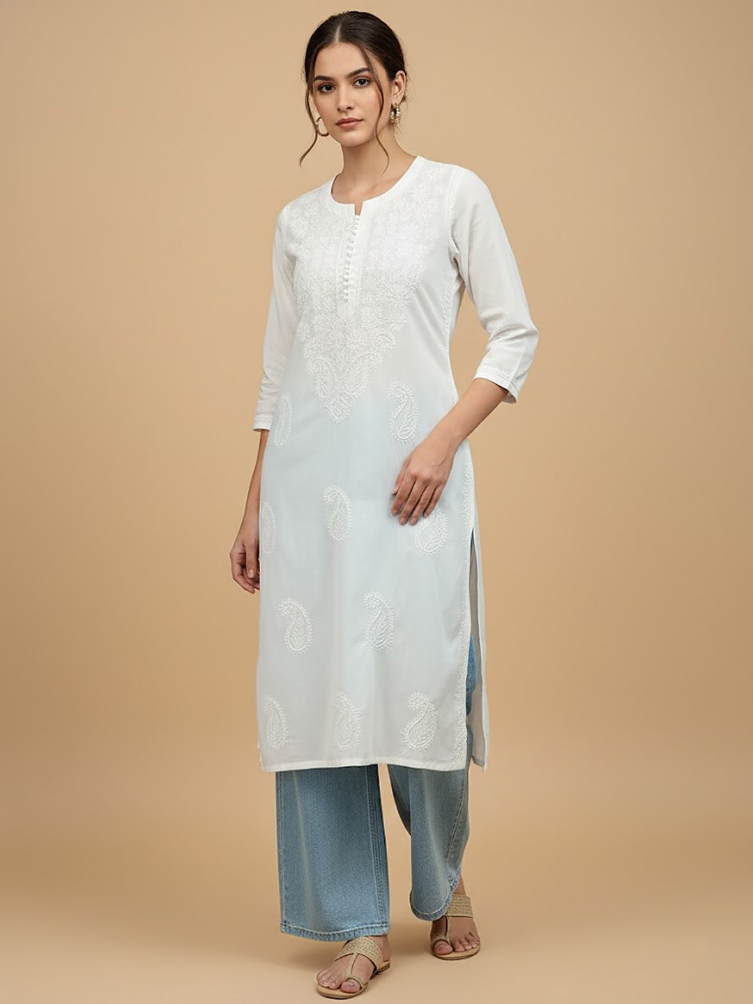 White Cotton Chikankari Straight Kurti