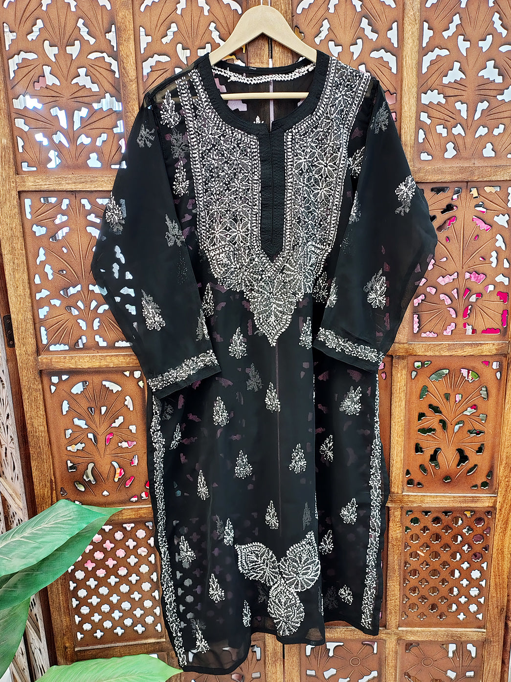 Black Georgette Chikankari Straight Kurti