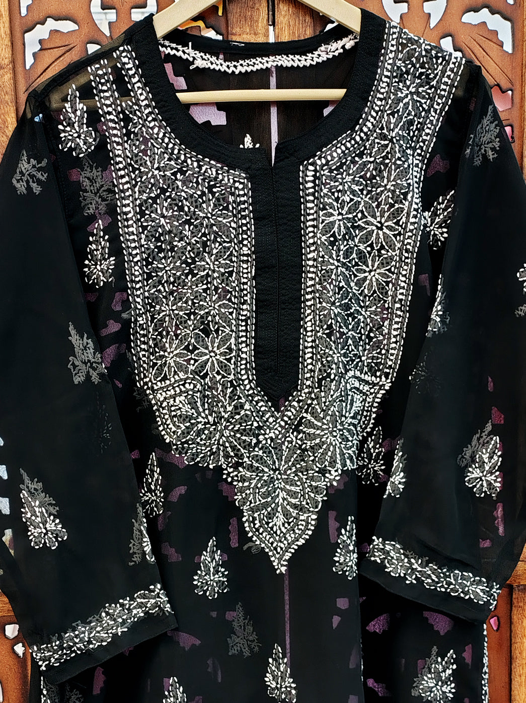 Black Georgette Chikankari Straight Kurti