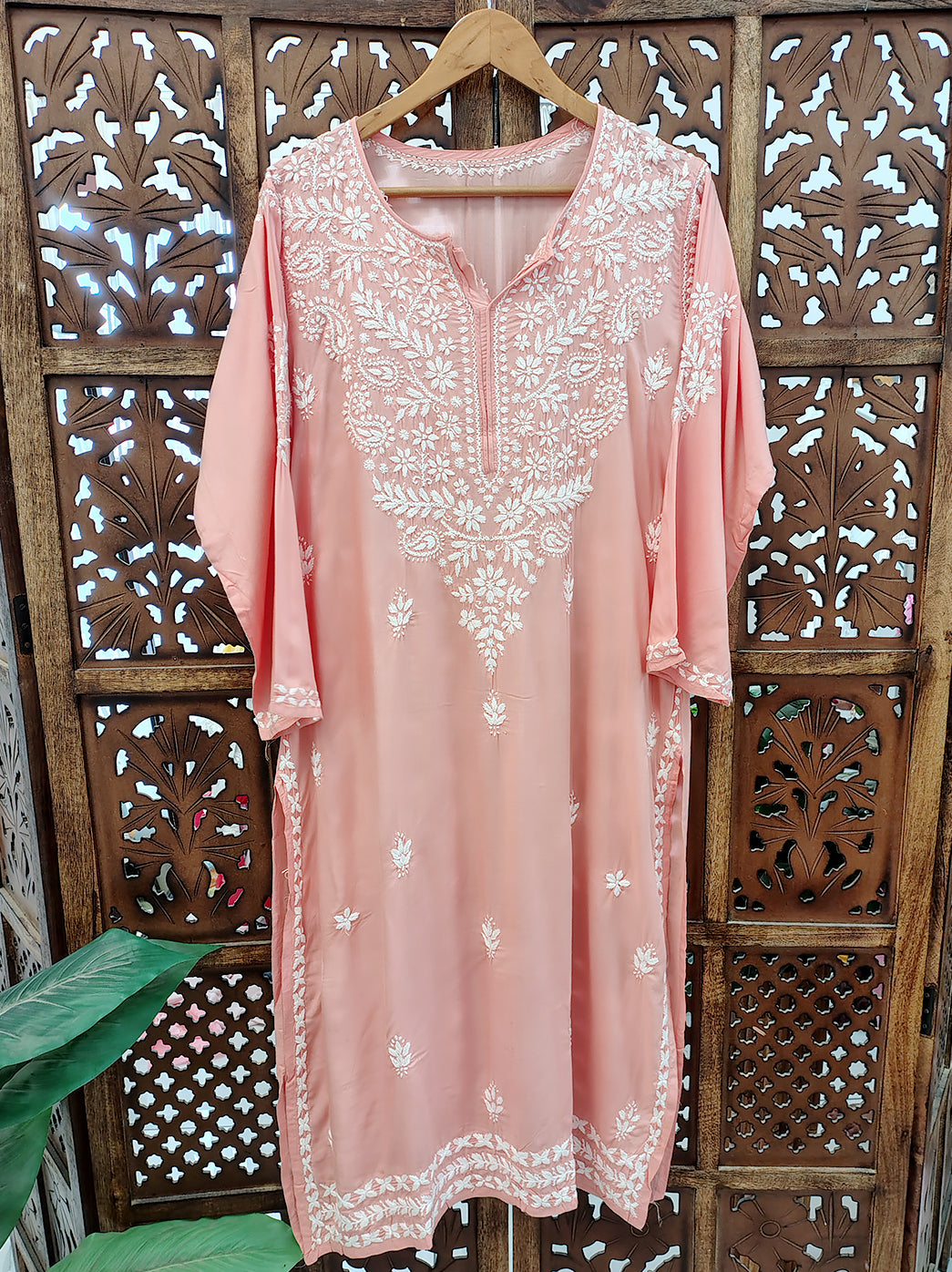 Peach Modal Chikankari Straight Kurti