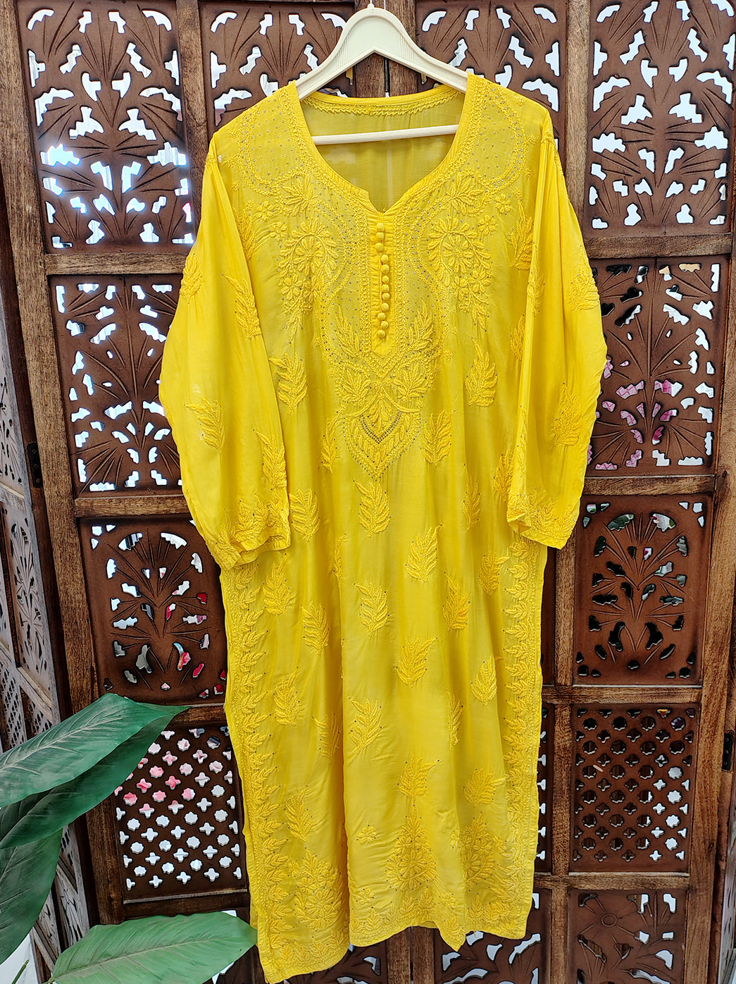 Yellow Chanderi Chikankari Straight Kurti