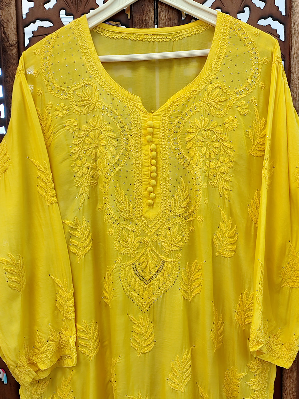 Yellow Chanderi Chikankari Straight Kurti