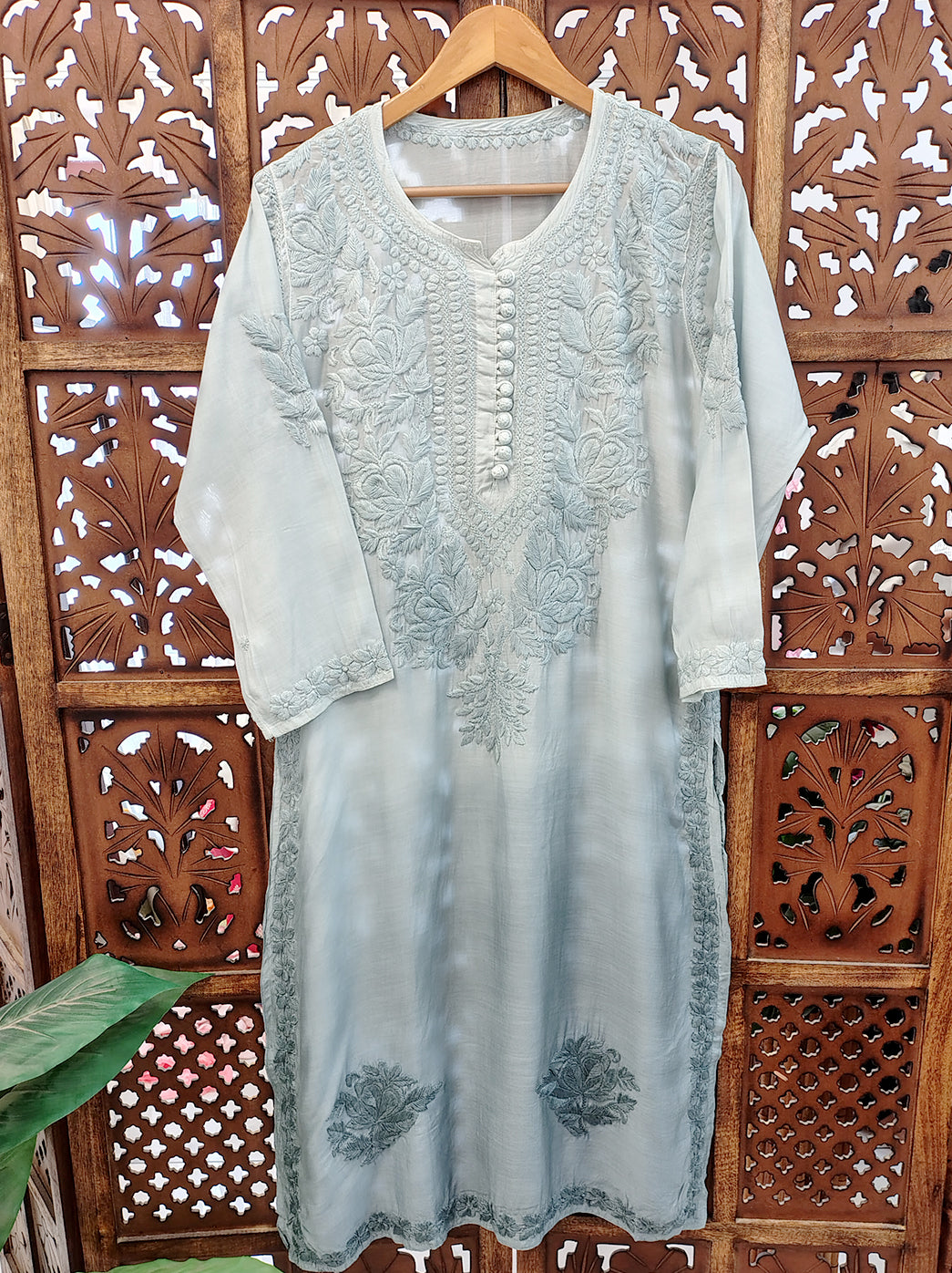 Grey Muslin Chikankari Straight Kurti