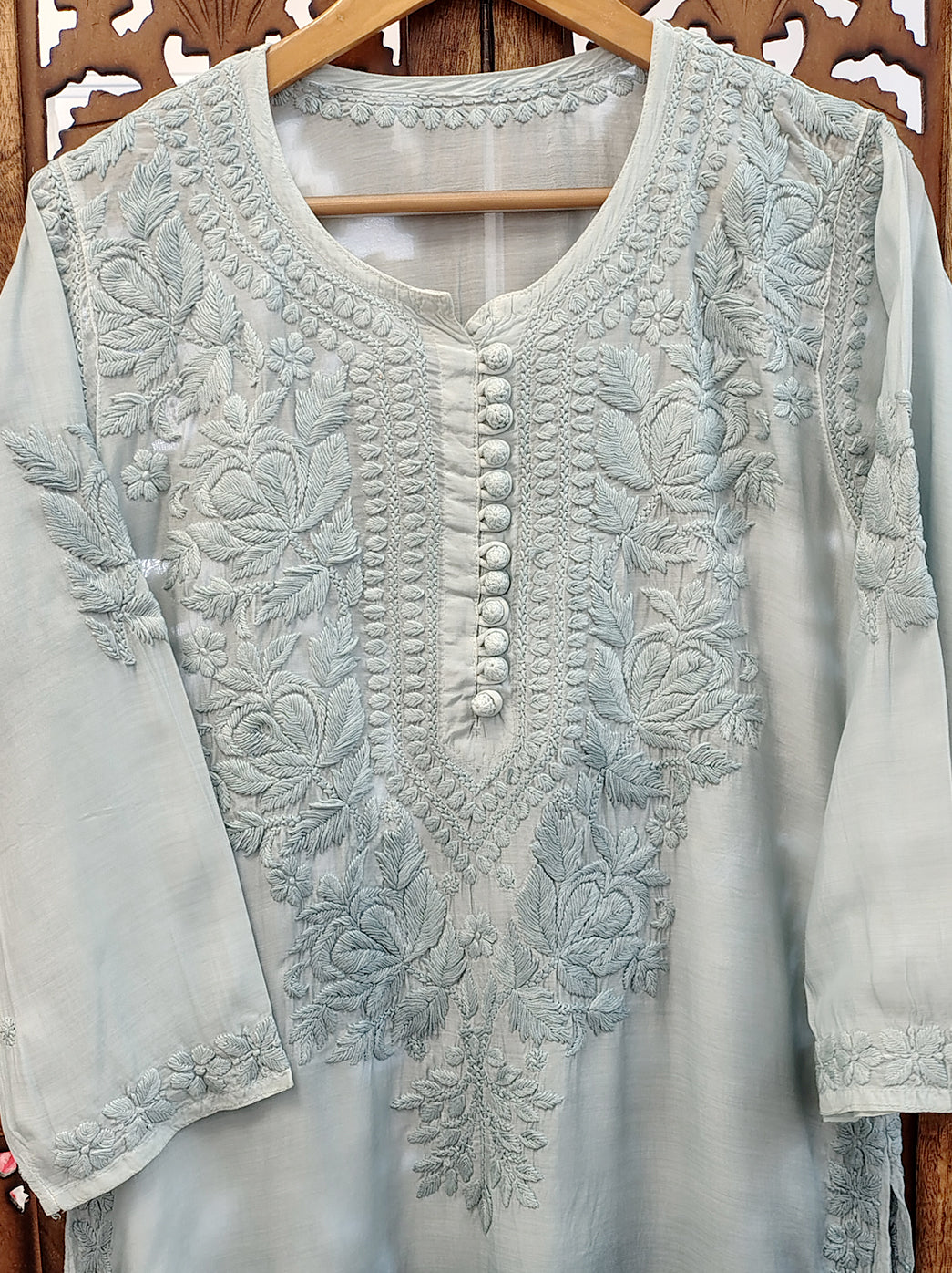 Grey Muslin Chikankari Straight Kurti