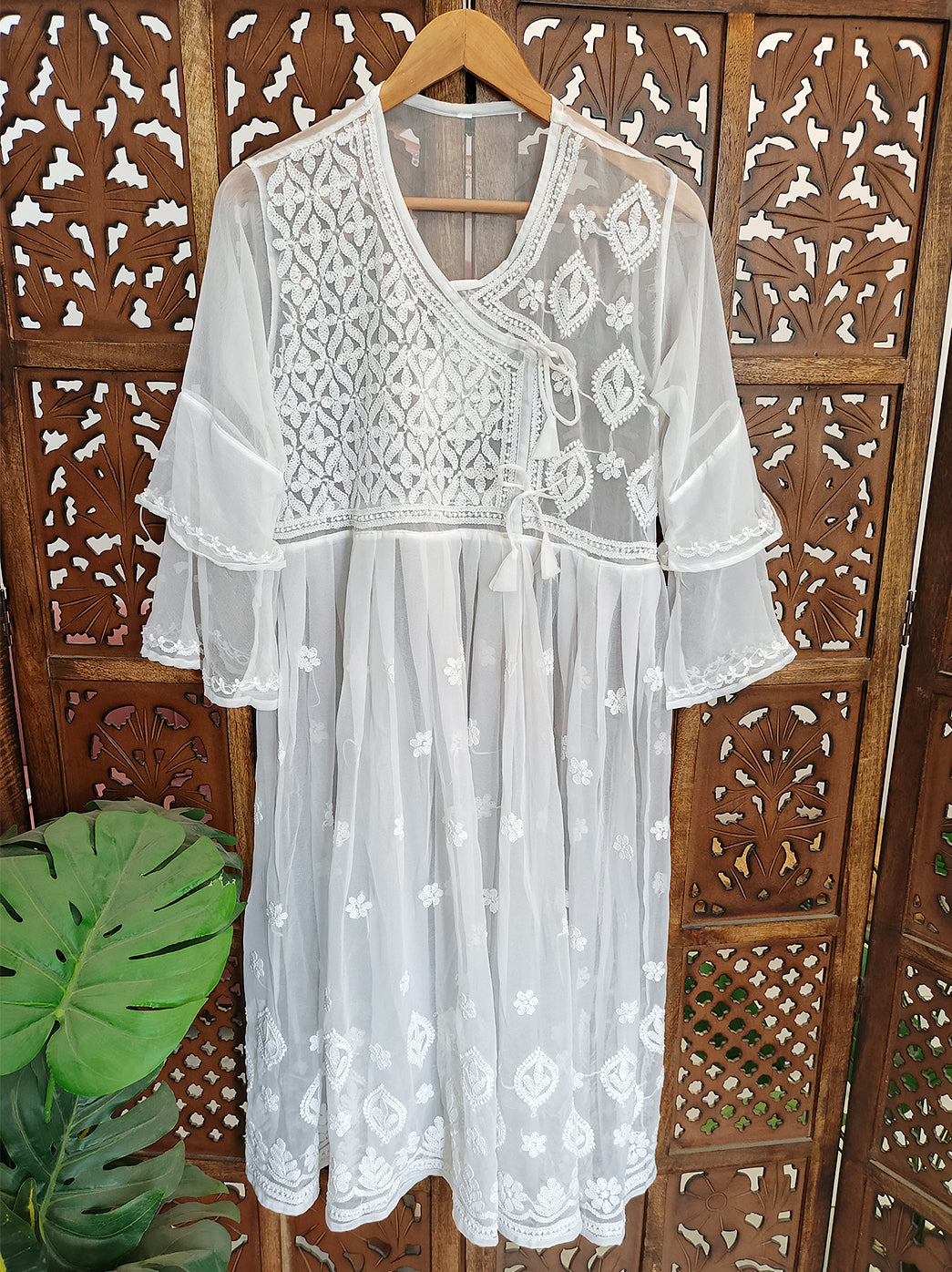 White Georgette Chikankari Angarkha Kurti