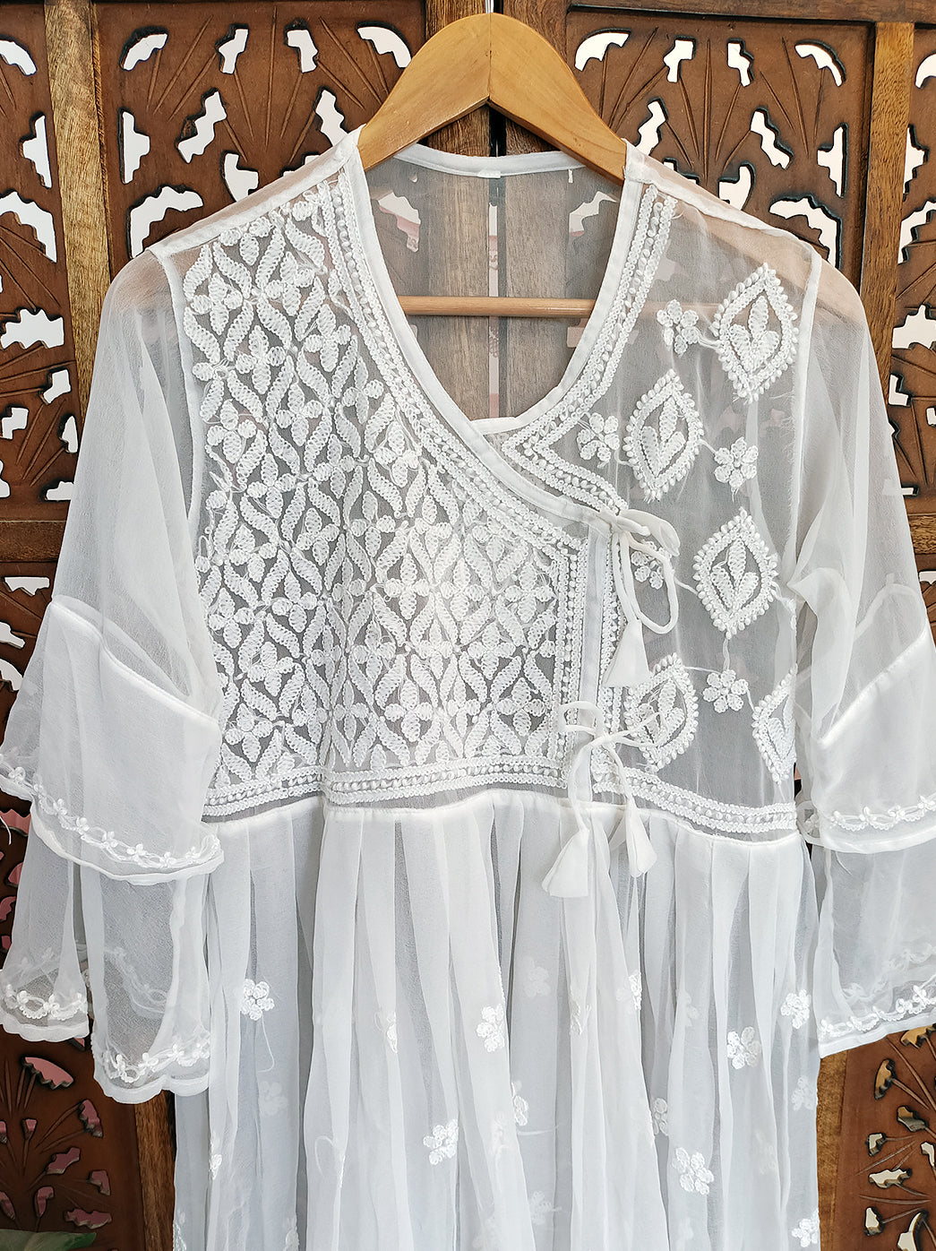 White Georgette Chikankari Angarkha Kurti