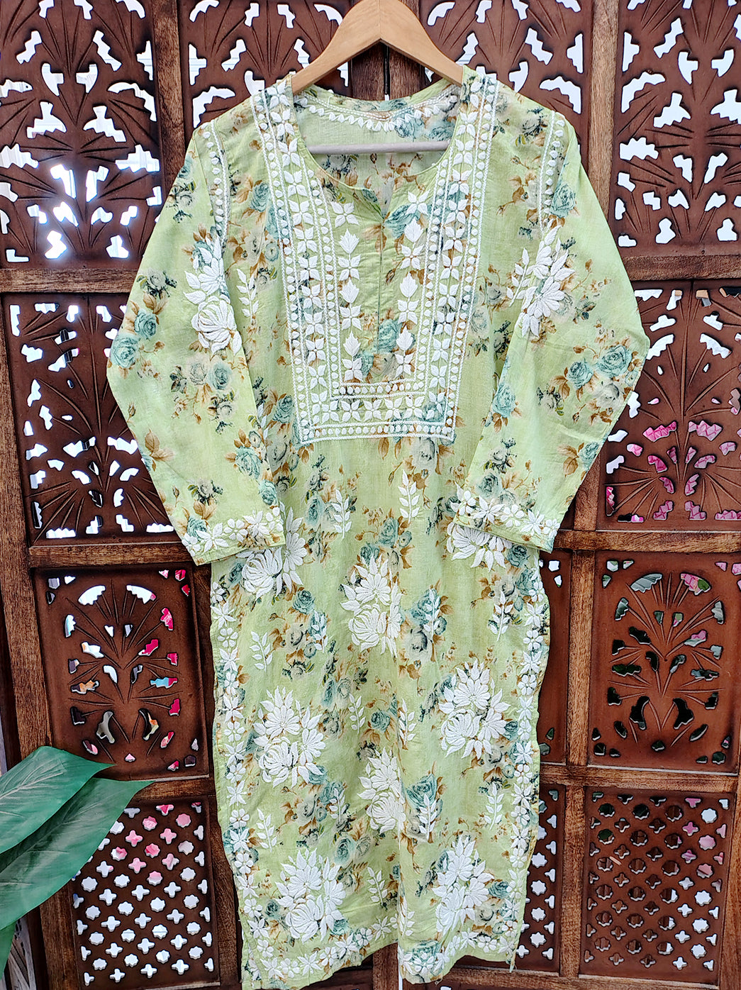 Green Mulmul Printed Chikankari Straight Kurti