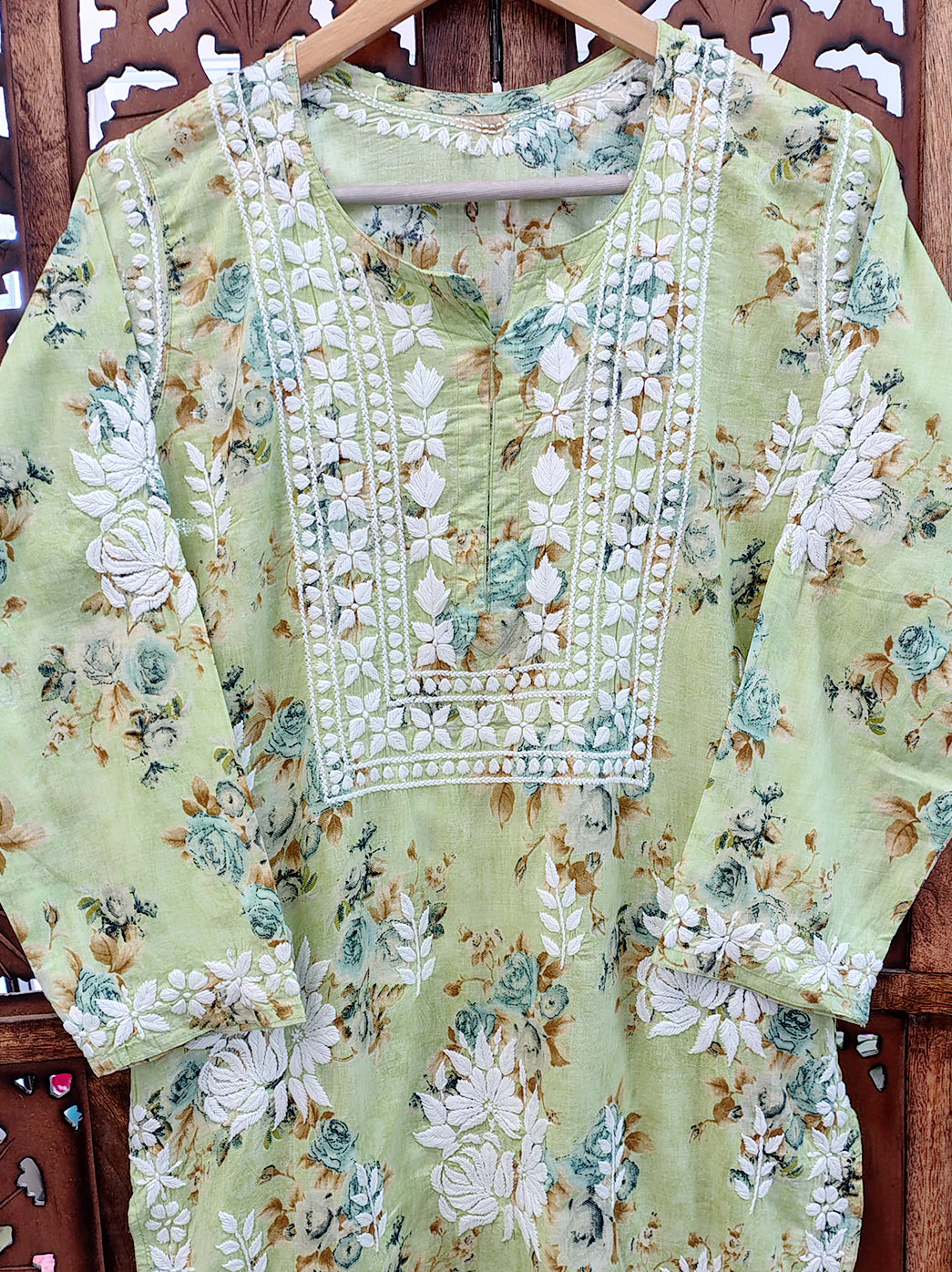 Green Mulmul Printed Chikankari Straight Kurti