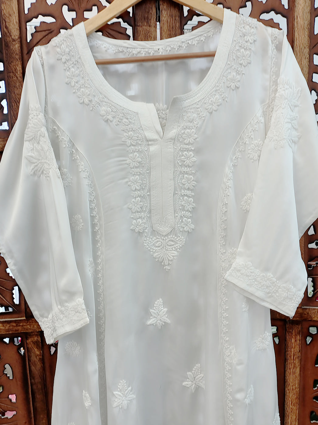 White Satin Modal Chikankari A-Line Kurti